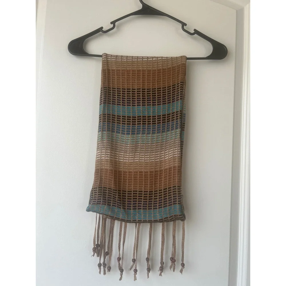 Echo Scarf Womens Brown Blue Striped Open Knit Beaded Fringe Rayon Wrap 74x10